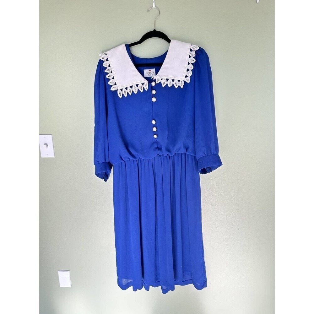 Vtg 80s Dress Lace Collar Pearl Buttons Midi Sz L XL Long Sleeve Victori…​​​​